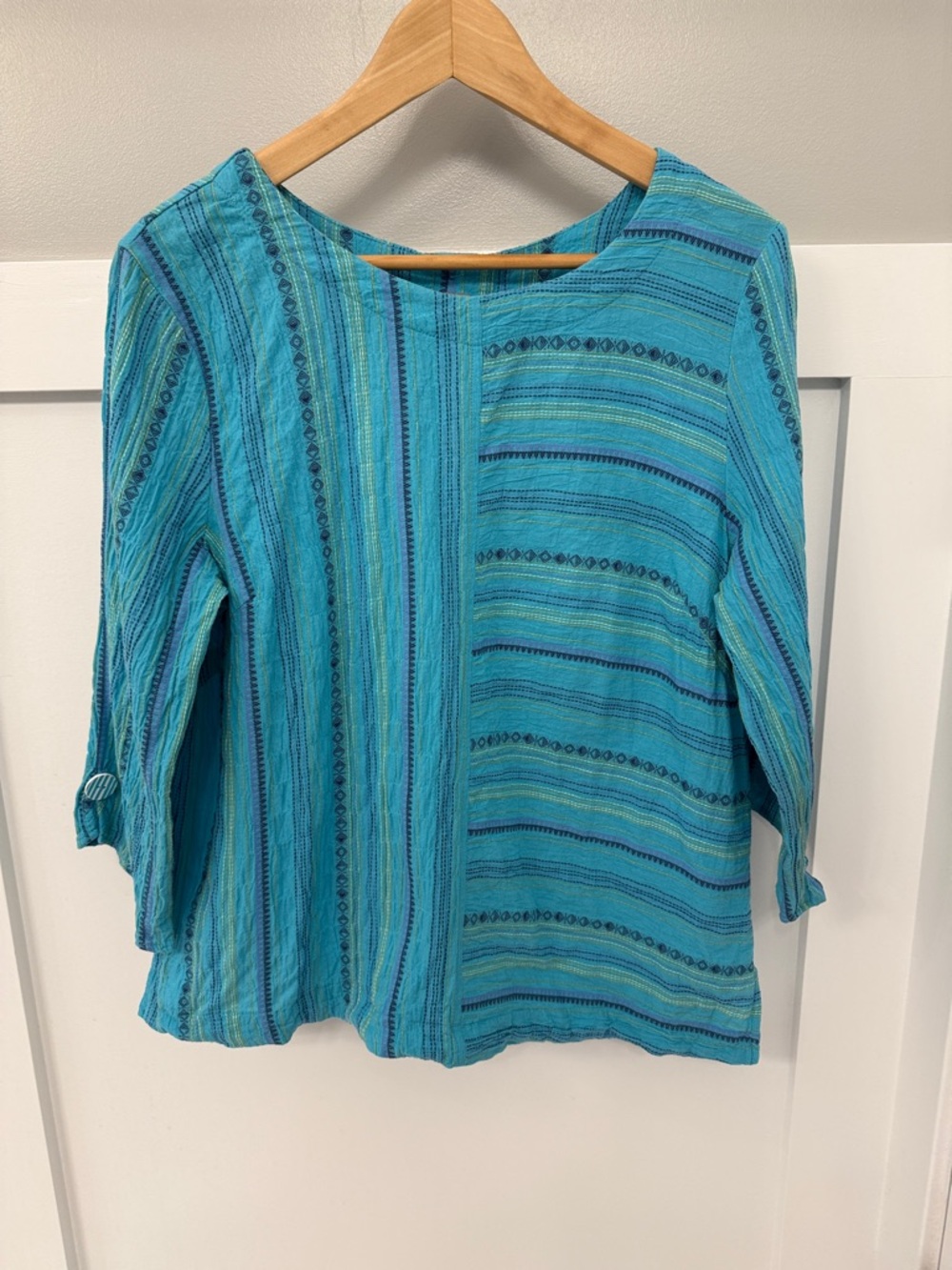 Habitat Teal Striped Women's Boatneck Blouse Cotton Relaxed Fit